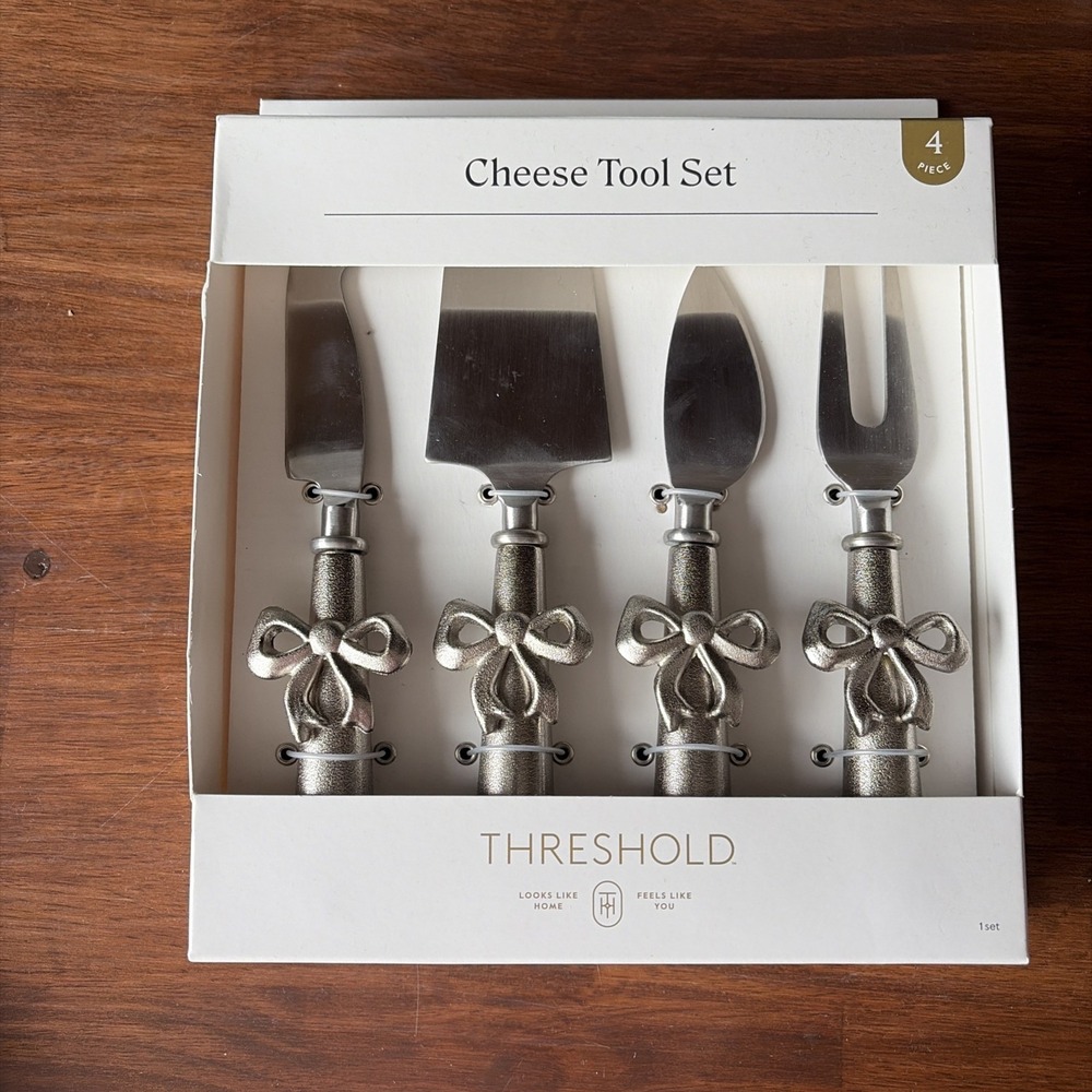 Threshold 4 Piece Cheese Tool Set Silver Bow Detail‎ Stainless Steel Charcuterie